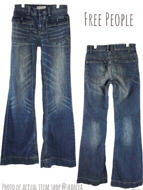 Free people women flared stretch wide cuff distressed indigo wash denim jeans 24
